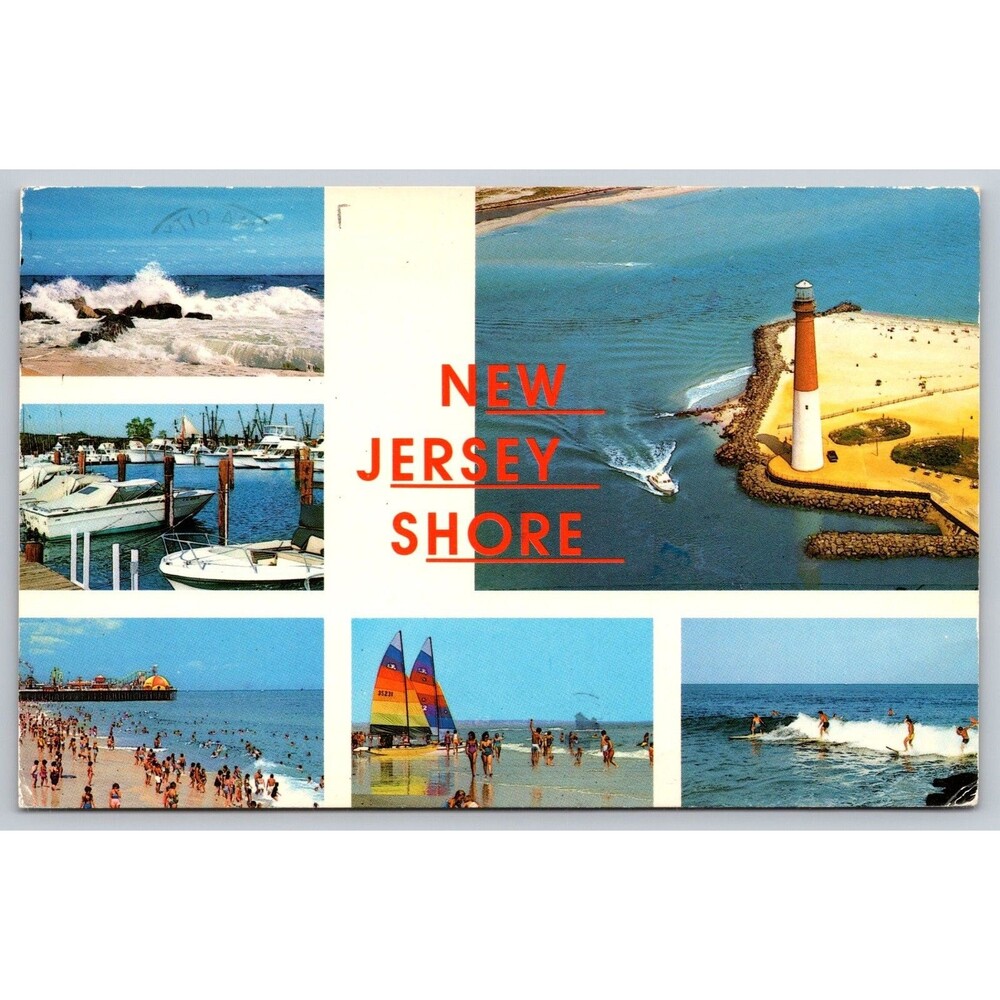 Postcard New Jersey Shore Lighthouse Beach Boats Waves Posted 1990 Oklahoma NJ
